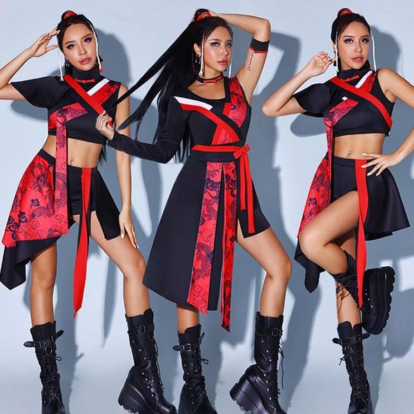 Stage Wear Costumes de performance de danse de jazz de style chinois pour femmes rouges tenues noires filles groupe hip hop rave vêtements DQS15234