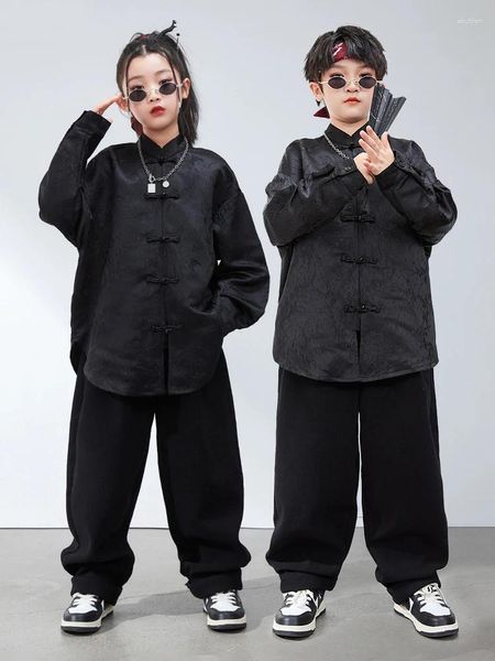 Escenario desgaste estilo chino jazz trajes de baile moderno para niños negro hiphop traje niñas niños hip hop ropa de rendimiento DQS15192