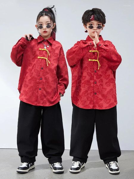 Stage Wear Costumes de danse moderne de style chinois Jazz pour enfants Veste rouge Pantalon Hiphop Costume Filles Garçons Performance DQS15195