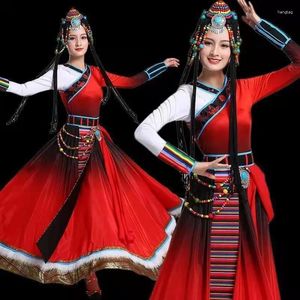 Stage Wear Costumes de danse du Tibet chinois pour les femmes Performance nationale Vêtements traditionnels Rouge