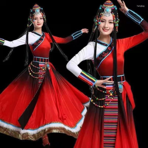 Stage Wear Costumes de danse du Tibet chinois pour les femmes Performance nationale Vêtements traditionnels Rouge