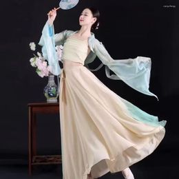 Escenario desgaste chino tradicional danza rendimiento tres piezas vestido estilo suelto elegante entrenamiento clásico hanfu qipao traje