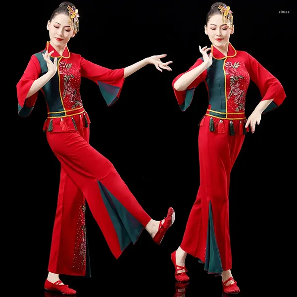 Escenario desgaste chino tradicional nacional vestido de baile yangko fan ropa trajes clásicos traje de tambor cuadrado
