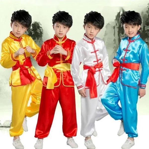 Etapa desgaste chino tradicional wushu uniformes traje niños niños niñas camisa pantalones conjunto para niños ropa de rendimiento infantil