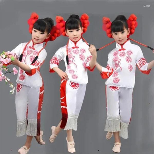Escenario desgaste año chino traje de danza nacional niña yangko bailarín niño folk cortes de papel ventilador 89