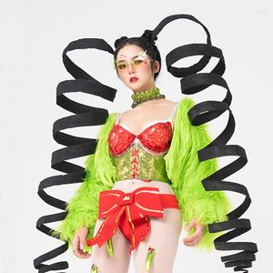 Stage Wear Ambiance de Noël Vêtements Couleur fluorescente Manteau de fourrure Sequin Bikini Pole Dance Clubwear Gogo Dancer Costume XS3348