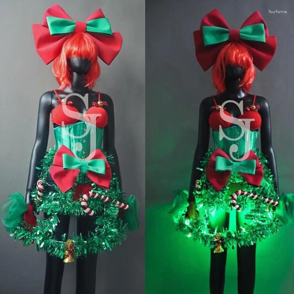 Etapa desgaste Festival de Navidad Trajes Bow Headwear Rendimiento Vestido de fiesta Mujeres Gogo Dancer Traje Cosplay Rave Ropa XS7408