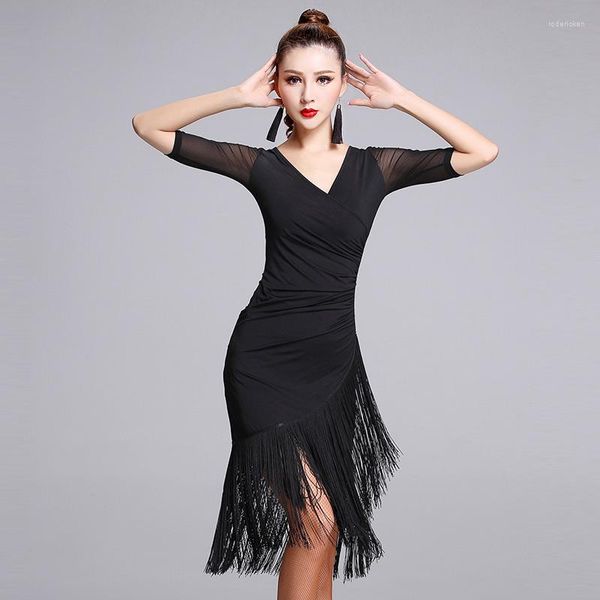 Stage Wear Classic Black Sheer Mesh Mid-Sleeve V-Neck Design Women's Latin Dance Performance Costume Tassel Dress Tailles de S à XXL