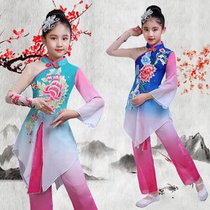 Stage Wear Classique Chinois Yangko Dance Costume Filles Robe Parapluie Enfants Fan Outfit Pour L'année Costume Oriental Costume