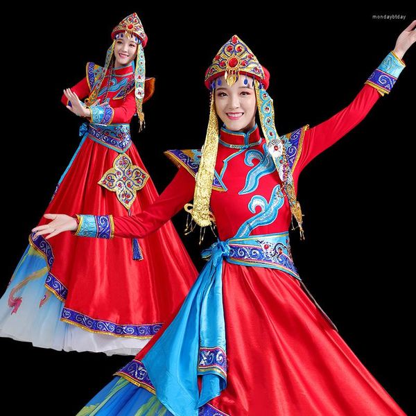 Etapa desgaste clásico largo mongol danza ropa étnica minoría vestido chino rendimiento trajes folclóricos para cantantes