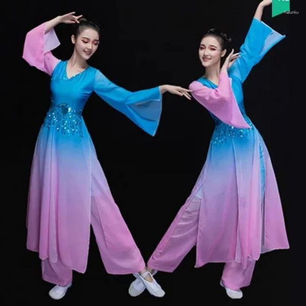 Stage Wear Costume de danse Yangko classique pour femme Vêtements de fan chinois Taille haute Tambour