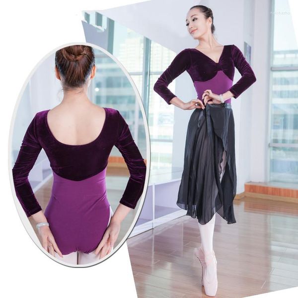 Stage Wear Classy Professional Ballet Tutu Danse Moderne Performance Sling Dos Nu Velours À Manches Longues Violet Combinaison