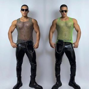 Tenue de scène Club carnaval fête Rave tenue mâle DJ Gogo Sexy noir maille strass gilet hauts pantalons en cuir pôle danse Costume