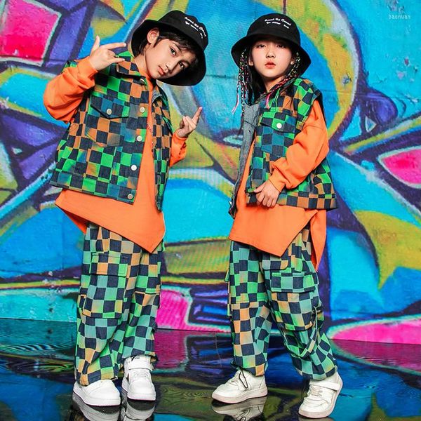 Escenario desgaste colorido chaleco a cuadros pantalones para niños ropa de hip hop niñas jazz danza rendimiento traje suelto kpop traje niños streetwear bl9209