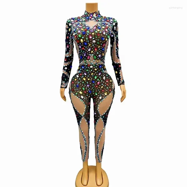 Wear sur scène Rhingestones Mesh Jumpsuit Sexy Birthday Prom tenue de nuit Bar Bar Femme Chanteuse Performance Crystal Leotard