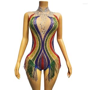 Stage Draag kleurrijke steentjes Tassel Bodysuit sexy transparant prestatie mouwloze turnpak Latin Pole Dance -kostuum
