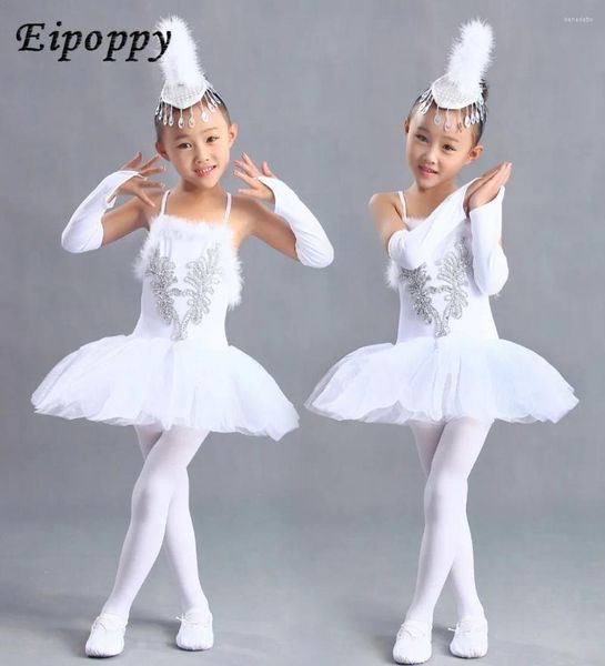 Stage Wear Costumes Costumes Vêtements de ballet Filles Bretelles Tutu Blanc Voile Princesse Noël Enfants Costume de danse Little Swan Girl