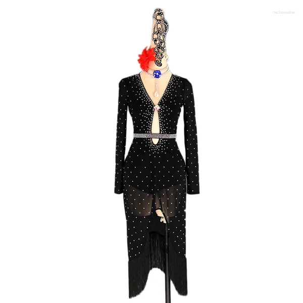 Stage Wear Cristaux Robe de danse latine Costume professionnel noir pour femmes Fringe Samba Coloré Lady Ballroom Robes de compétition