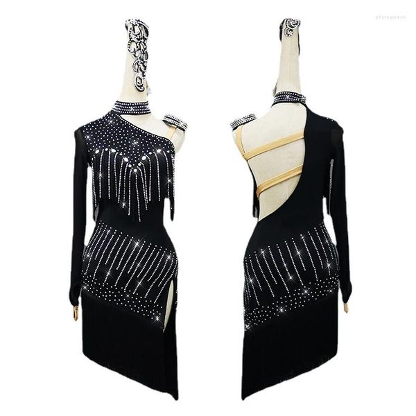 Robe de danse latine noire personnalisée, tenue de scène, robes de compétition, à franges, haut de gamme, professionnelle, à paillettes, pour femmes