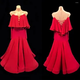 Stage Wear Custom Haut de gamme Rouge Ballroom Dance Competition Robe 2023 Femmes élégantes Party Costumes de Tango Moderne Standrad Waltz Vêtements