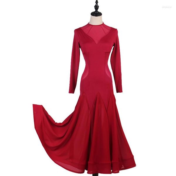 Desgaste de la etapa Vestidos de baile de salón de color rojo vino personalizado Vestido de vals de mujer Trajes de malla Foxtrot estándar Rumba Faldas largas Regalo de cumpleaños