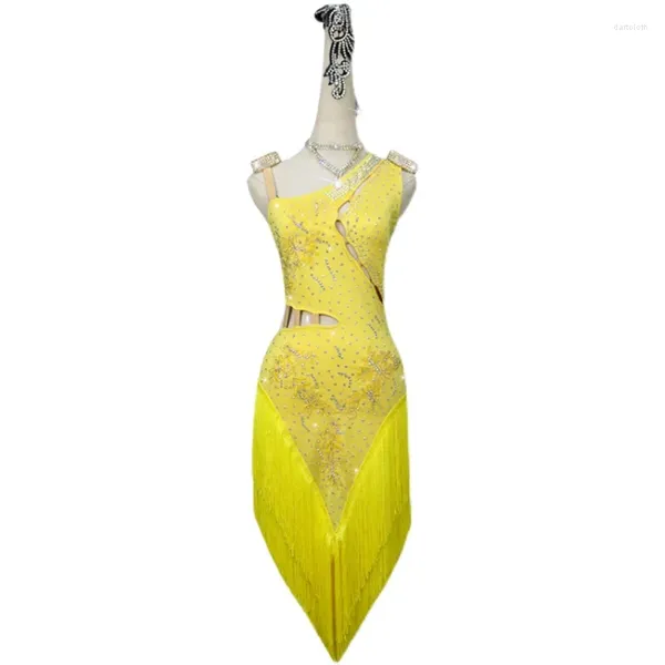 Stage Wear Robe de danse latine jaune personnalisée, jupe en diamant pour femmes, Costumes professionnels pour adultes Cha Tango