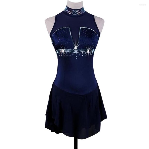 Etapa desgaste personalizado competencia patinaje sobre hielo falda azul marino Rhinestone Girls Sexy sin mangas Mujer Figura Vestido