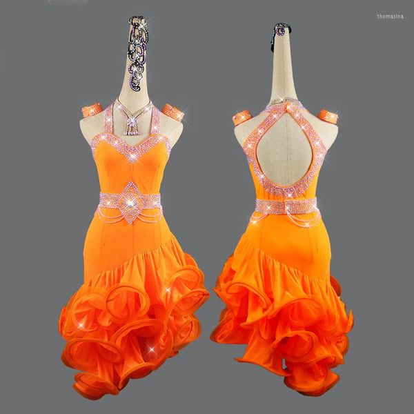 Stage Wear personalizado Orange Latin Dance Dress Fishbone Falda Competición de interpretación Lady Sexy Backless Show