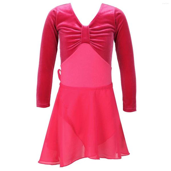 Vêtements de scène mignons enfants filles Costume de danse Ballet danse vêtements ensemble velours à manches longues noeud devant bouton fermeture justaucorps avec jupe