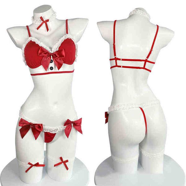 Etapa desgaste lindo sexy navidad cosplay viene para mujeres encaje lencería sujetador conjunto lolita criada bikini sin espalda arco ropa interior traje drop ship t220901