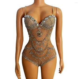 Stadiumkleding danskostuum Sparkly zilveren kristallen turnpakje sexy mesh club outfit vieren zangeres dj strass bodysuit