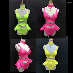 Vêtements de scène danse Sexy Fluorescent élastique laque fendu Bikini ensemble Bar fête Rave tenues femme DJ danse Costume pôle