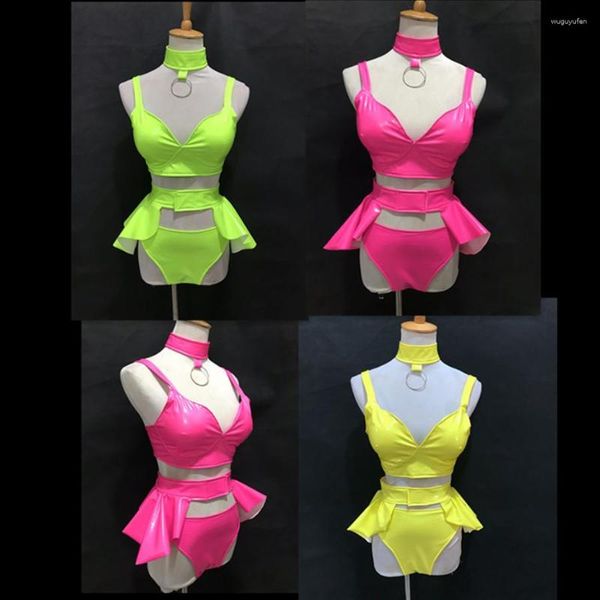 Desgaste de la etapa Baile Sexy Fluorescente Elástico Laca Split Bikini Set Bar Party Rave Trajes Mujer DJ Dance Costume Pole