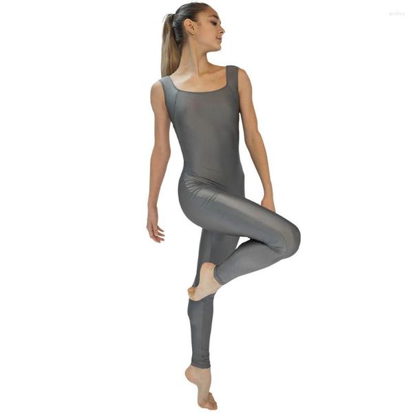 Stage Wear Gris foncé NylonLycra Tank Back Panels Dance Unitard Ladies Girls Catsuits Long Body Gymnastics