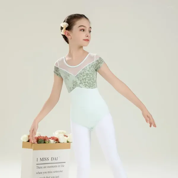 Diseño de ropa de escenario Fashion Linding Kids Lindy Girls Children Velvet Algodón Spandex Manga corta Mesh Ballet Dance Leotard