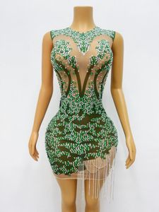 Stage Wear Design Argent Vert Strass Chaînes Robe Transparente Anniversaire Célébrer Costume Danse Performance Outfit