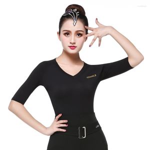 Etapa desgaste doble cómodo tops de baile latino para mujeres para mujer camisa media manga práctica de baile con cuello en v dama negro elástico delgado