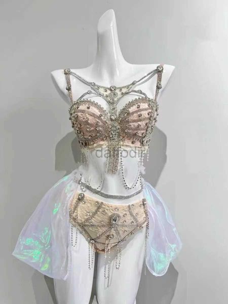 STAGE Electronic Music Festival Pink Skin Color Lace Sparkling Diamond Mini jupe Suit Nightclub Ds Performance Costume D240425