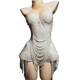 Stage slijtage verfraaid kralenkostuum witte parel bodysuit theatraal voor vrouwen feest barshow Dance Nightclub OutfitStage