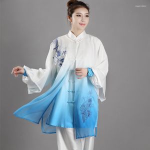 Ropa de escenario bordado flor azul uniforme tradicional chino 3 uds traje de Tai Chi ejercicio matutino Wushu ropa conjuntos de artes marciales