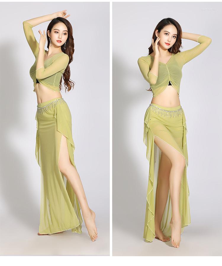 Stage Wear Erotic Belly Dance Costume Set For Women Elegant Cut-out Long Sleeve Hollow Camisole With High-Rise Slim Skirts