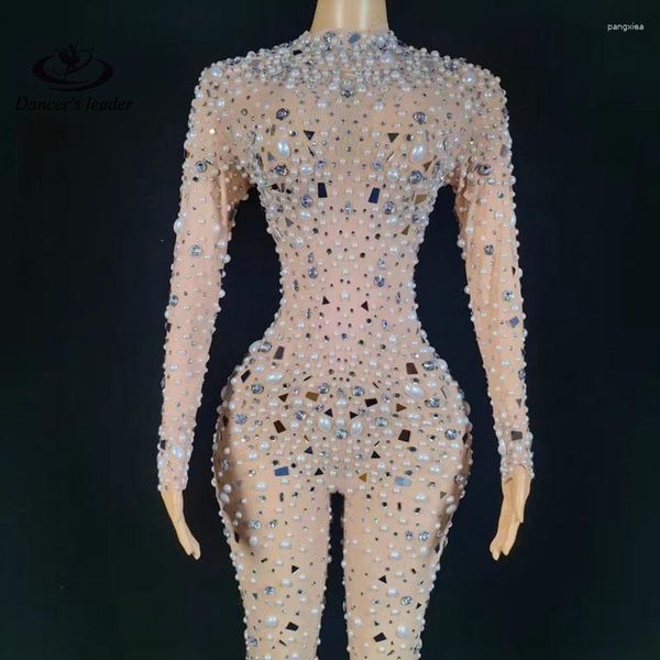 Stage Wear Modèle européen et américain Femme DJ Perle Full Diamond Body Mesh Stretch Combinaison Discothèque Robe de soirée