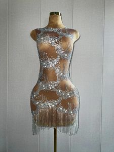 Stadiumkleding Avond Zilver Kristallen Franjes Transparante mouwloze jurk Verjaardag Vieren Sexy outfit Gala Trouwjurken Lianhua