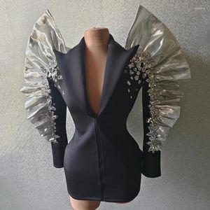 Wear Stage Exagéré Epaulet Rignestones Black Cost Nightclub Bar DJ Performance Costumes Women Gogo Dancers Tenits Dress DN16009