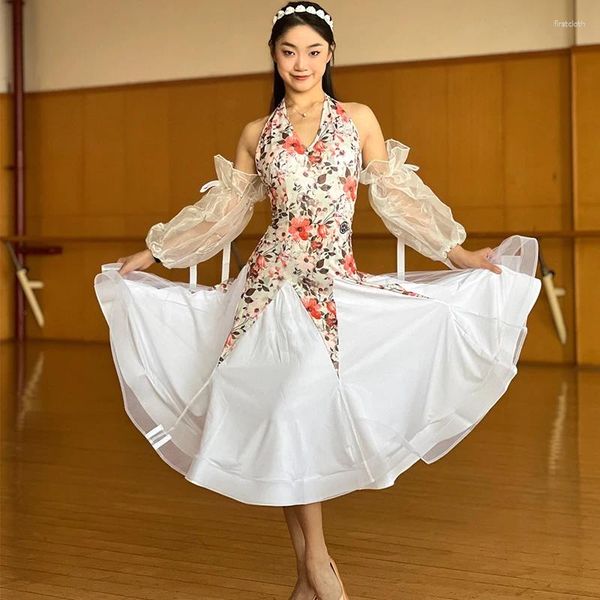 Ropa de escenario Vestido de baile de salón con estampado de flores de hadas para mujer Mangas abullonadas Traje de actuación de vals Ropa social moderna DNV18579