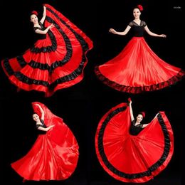 Stadiumkleding Mode Volwassen Kinderen Zigeunermeisje Vrouwen Spaanse Flamenco Rok Gestreept Satijn Zijde Grote Schommel Buikdansen Rood Teamprestaties