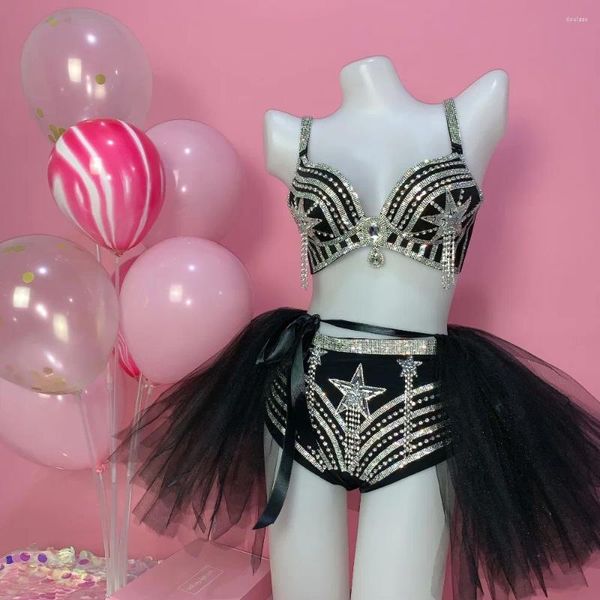 Stage Wear Mode Noir Argent Strass Fringe Soutien-gorge Jupe courte Outfit Set Femmes Chanteur Bikini Lingerie Bar Danseur