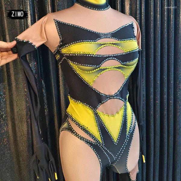 Stage Wear Mode Noir Jaune Strass Combinaison Sexy Femmes Pole Dance Performance Discothèque Stretch Body Drag Festival Costumes