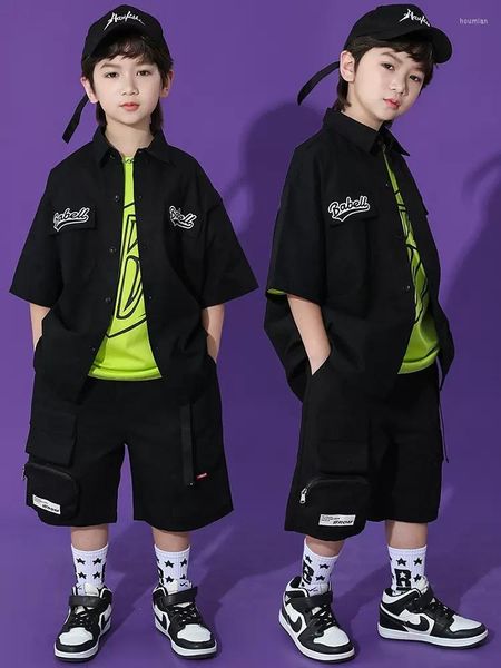 Ropa de escenario Moda para niños Ropa de hip hop Mangas cortas Abrigo negro Pantalones cortos Verano Niñas Traje de baile de jazz Suelto Casual Jogger BL10634