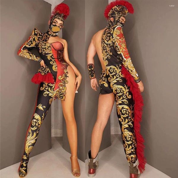 Stage Wear Mode Floral Imprimer Femmes Hommes Bodys Rouge Gland Asymétrique Combinaisons DJ Chanteur Danse Costumes de Jeu de Rôle